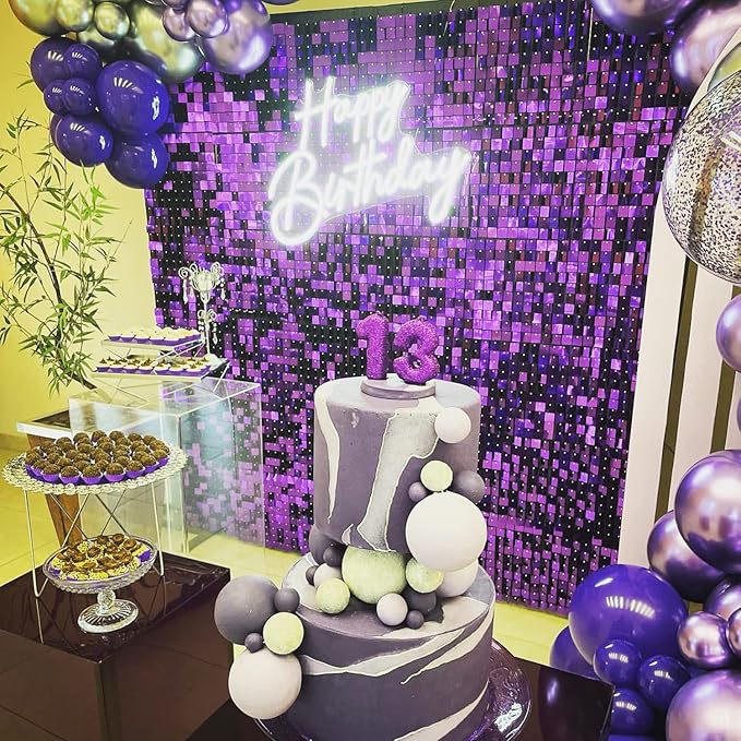 COKAOBE Purple Shimmer Wall Backdrop, 24PCS Square Sequin Shimmer Backdrop Panel, Photo Backdrops for Birthday, Anniversary, Wedding, Graduation & Bachelorette Party Decoration