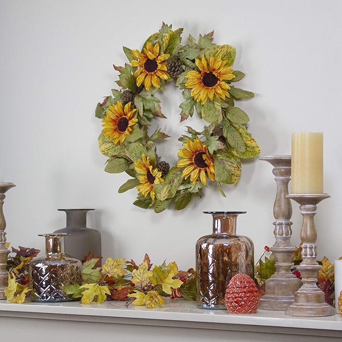 Yellow Sunflower and Pine Cone Artificial Fall Harvest Wreath - 24 inch, Unlit