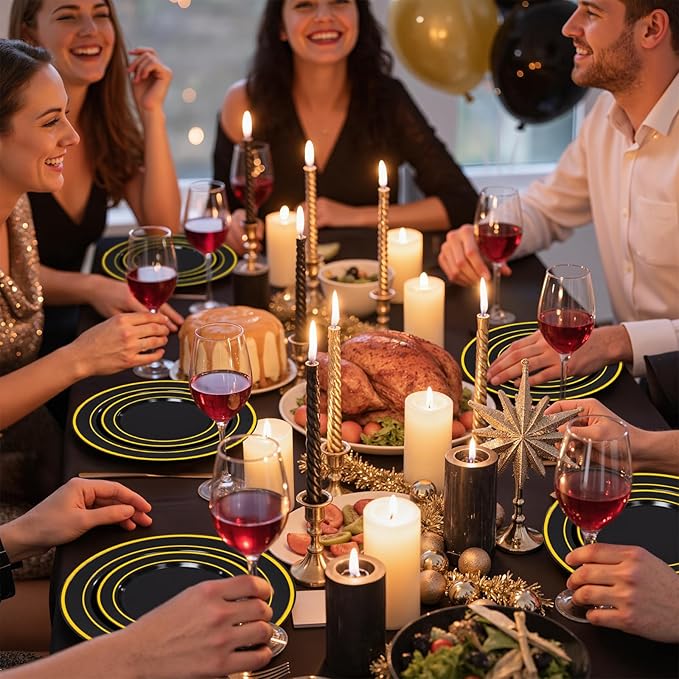 350 Pieces Black and Gold Plastic Plates with Disposable Silverware, Include 50 Dinner Plates 9”, 50 Dessert Plates 6.3”, 50 Black Cups 9 OZ, 50 Pre Rolled Napkins for New Year