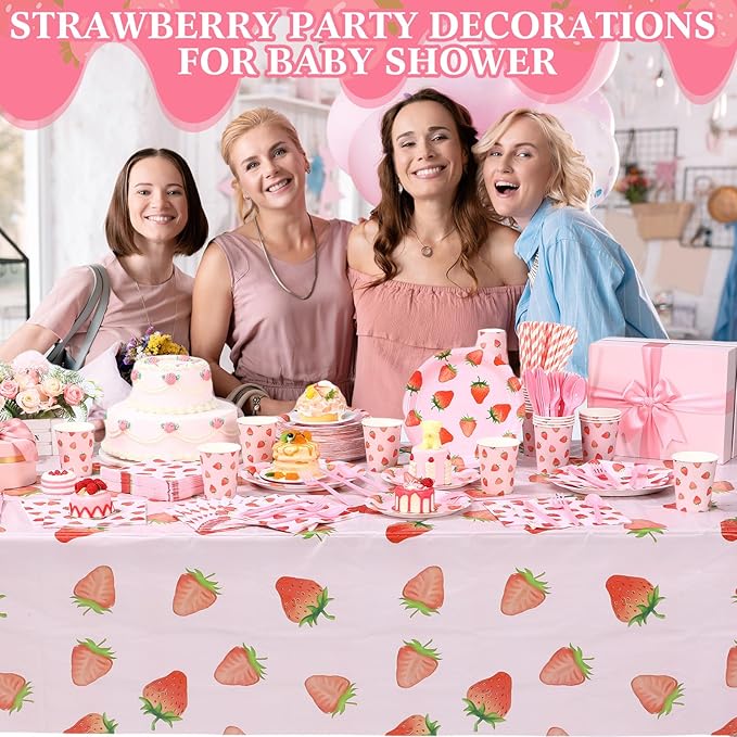 452 Pcs Strawberry Birthday Party Decorations, Strawberry Paper Plates Napkins Cups Tablecloth Cutlery Straws for Summer Fruit Theme Baby Shower Birthday Party Supplies