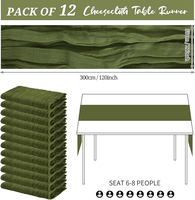 12 Pack Cheesecloth Table Runner 20 x 120 inch Cheese Cloth Table Runner Bulk,Romantic Boho Sheer Gauze Fabric Table Runners for Wedding Reception,Party,Bridal Shower Table Decor(Olive Green)