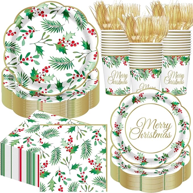 Pickmesh 400 Pcs Christmas Party Supplies Include Seasonal Holly Leaf Disposable Paper Plates Napkins Cups Cutlery Xmas Tableware for Merry Christmas Holiday Party Decorations Serve 50