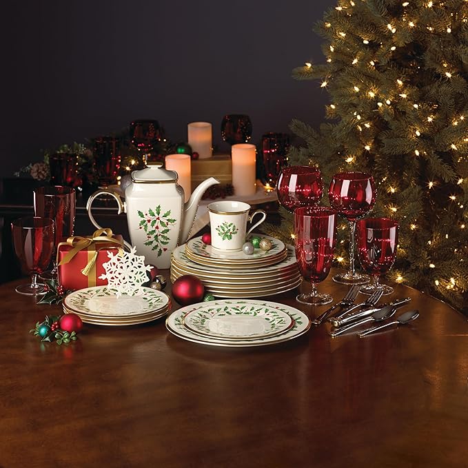 Lenox Holiday 6-Piece Salad Plates Dinnerware Set, Service For 6, Porcelain, Dishwasher Safe, Round Plates Set, Ivory Red & Green, Perfect for Gatherings, Hosting, Christmas Dinnerware (Ivory 6 Piece)