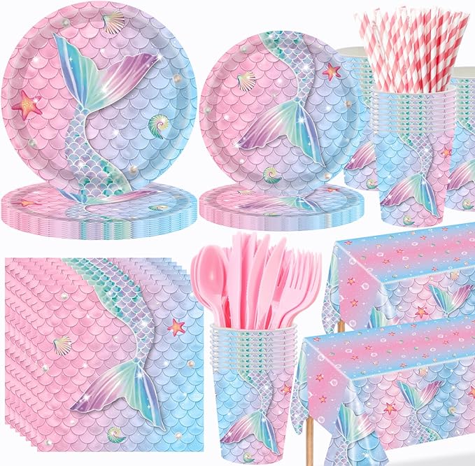 452 Pcs Mermaid Party Decorations Include Sea Mermaid Paper Plates Napkins Cups Tablecloth Cutlery Straws Ocean Tableware for Baby Shower Birthday Party Supplies
