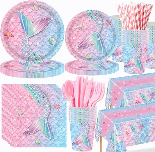 452 Pcs Mermaid Party Decorations Include Sea Mermaid Paper Plates Napkins Cups Tablecloth Cutlery Straws Ocean Tableware for Baby Shower Birthday Party Supplies
