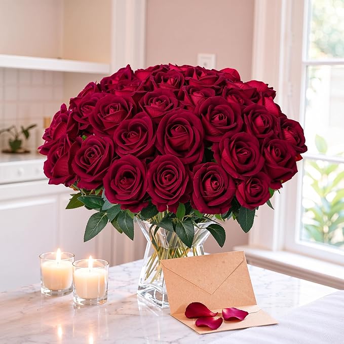 50 PCS Burgundy Roses Artificial Flowers, Fake Roses with Stem Realistic Silk Roses for DIY Wedding Bouquets Table Centerpieces Arrangements Baby Shower Birthday Home Decor Valentines Day Gift for Her