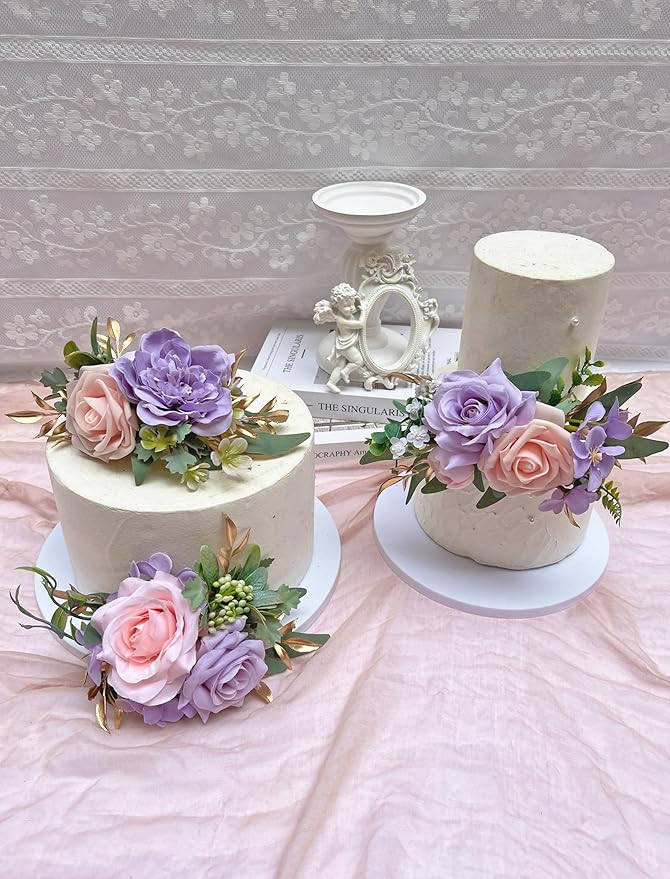Marriwise 3Pcs Pre-made Cake Toppers Flowers, Pink and Purple Wedding Cake Decoration,Artificial Flowers Decor for Wedding Ceremony Anniversary,Birthday Party, Elegant and Dreamy Purple (Pink Purple)