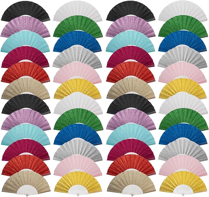 48 Pack Handheld Fan,Folding Hand Glitter fan with Shining Transparent Fan Rib – Ideal for Wedding, Church, Festival, Dance, Tea Party, Club, and EDM Accessories, Mixed