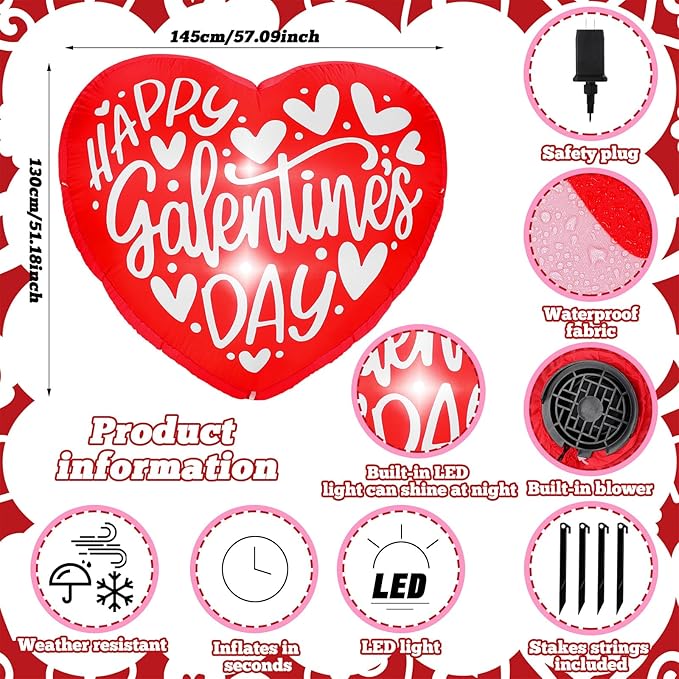 VIHOSE Happy Galentines Day Inflatables Decorations 4.3 ft Pink Galentines Day Blow up Decor Heart LED Lights Inflatable Decor for Ladies Girls Friends Valentine Party Photo Props