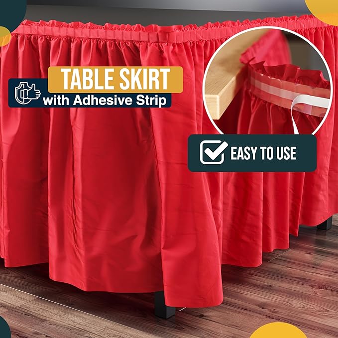 Exquisite Ruffle Table Skirt Red 12 Pack 14 Ft Long Table Skirts for Rectangle Tables 6ft Plus or Round Tables Skirts with Adhesive Strip for Gender Reveal Decor & Happy Birthday Parties