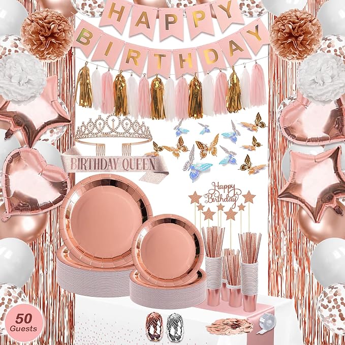 296 Pcs Birthday Decorations For Women, Rose Gold Party Decorations Kit For Girls Or Women - Butterfly, Hanging Swirl, Balloon Stand, Sash, Tiara, Banner, Balloon, Tableware For 50 Guest