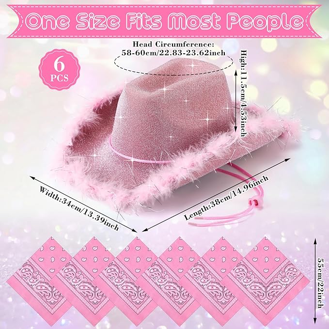 Coume 12 Pcs Sparkly Adults Cowboy Hat and Bandanas Women Men Western Glitter Cowgirl Party Hats with Adjustable Drawstring