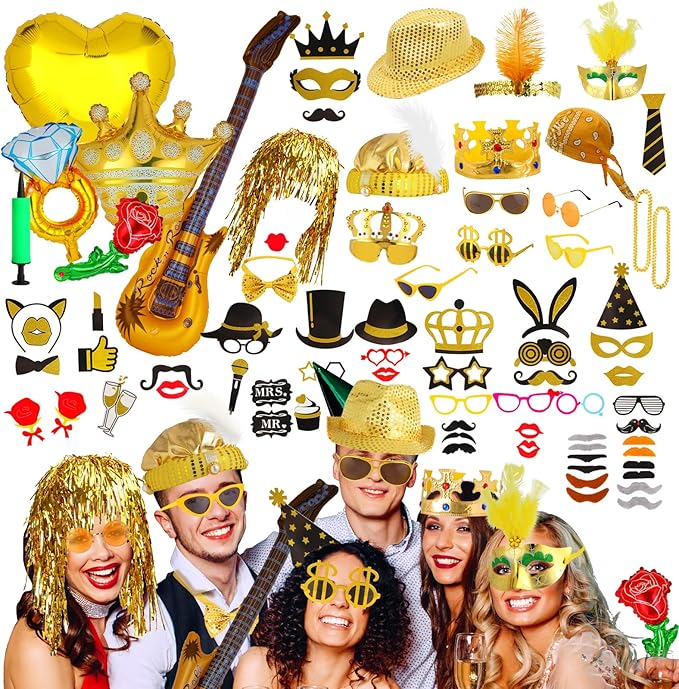 Bulk Gold Party Photo Booth Props Set for Adult, Funny Golden Photo Booth Glasses Hats Wig Props, Fun Party Pack Photo Booth Props Kit for New Year Party, Graduation, Birthday, Wedding, Bachelorette