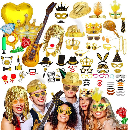 Bulk Gold Party Photo Booth Props Set for Adult, Funny Golden Photo Booth Glasses Hats Wig Props, Fun Party Pack Photo Booth Props Kit for New Year Party, Graduation, Birthday, Wedding, Bachelorette
