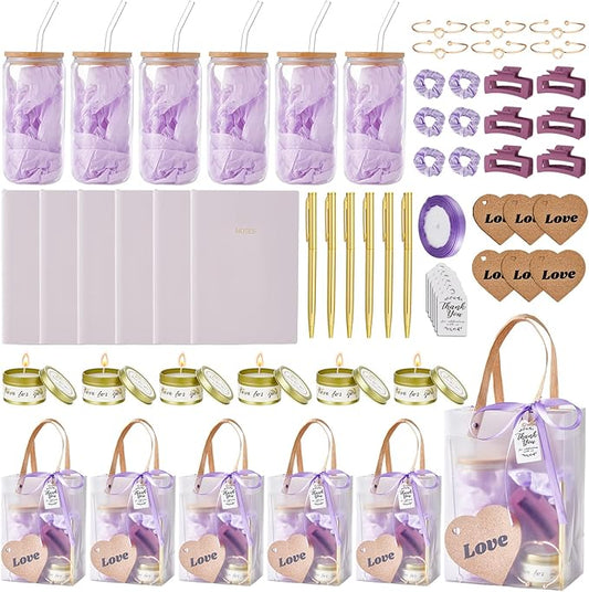 68Pcs Baby Shower Prizes for Game Winners Gifts Wedding Bridal Shower Gifts Including Glass Cans Notebooks Soy Candles Hair Clips for Baby Shower Wedding Bridal Shower Game Prizes (6, Purple)