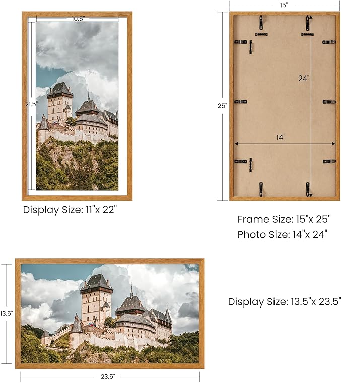 Axeman 14x24 Picture frame with mat for 11x22, Tempered Glass and Hanging Hardware Included Natural Teak Home Decor Art Hanging Poster Frame, Natural Teak