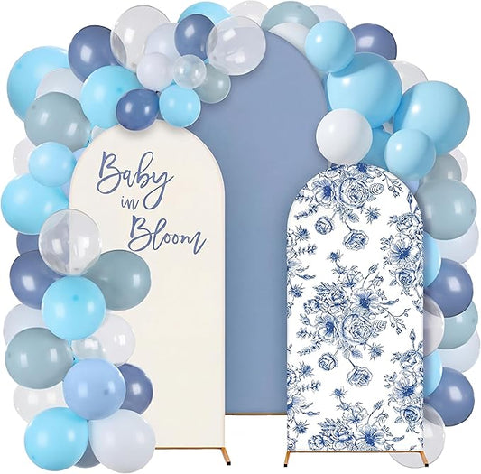 Baby in Bloom Balloon Arch Kit 34 Pcs Blue Baby Shower Party Decorations 4ft 5ft 6ft Blue and White Floral Spandex Arch Backdrop Cover with Balloons for Shower Decor