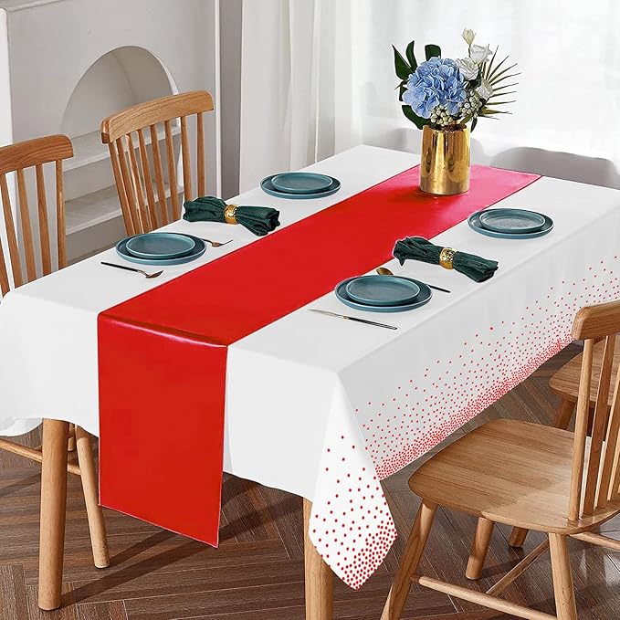 16Pack Disposable Plastic Tablecloths and Satin Table Runner Set White and Red Dot Tablecloth Red Satin Table Runner for Wedding Birthday Baby Shower Anniversary Christmas New Year Party Supplies