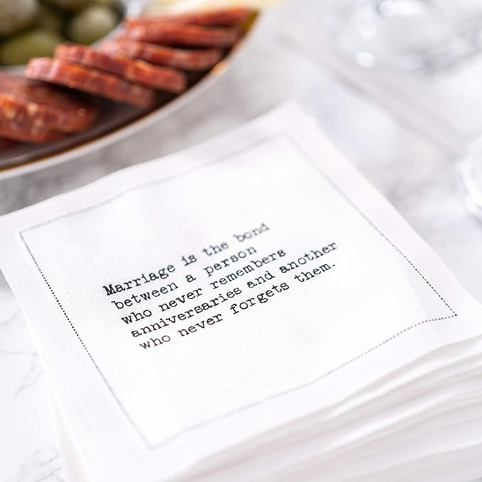 Five Star Funny Marriage Quotes | White Cotton Cocktail Napkins | 50 Luxury Disposable Beverage Napkins with Witty Bar Quotes | Drink Napkins for Parties, Bars, Weddings & Game Nights