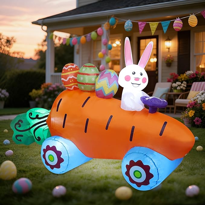 Easter Inflatables Outdoor Decorations, 6 FT Long Inflatable Bunny on Carrot Cart with Easter Eggs, Easter Blow up Yard Decorations for Indoor Outdoor Garden Lawn Holiday Party Decor