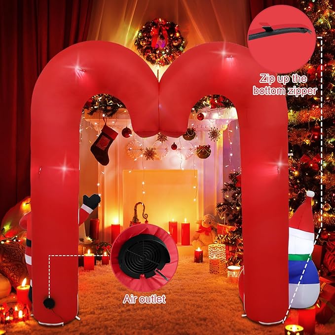 10ft Candy Cane Arched Outdoor Inflatable with LED Lights for Christmas Holiday Party Decoration, Winter Garden Decoration