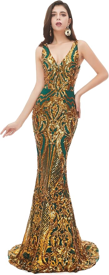 Women's Double V-Neck Sequins Lace-up Mermaid Evening Dress