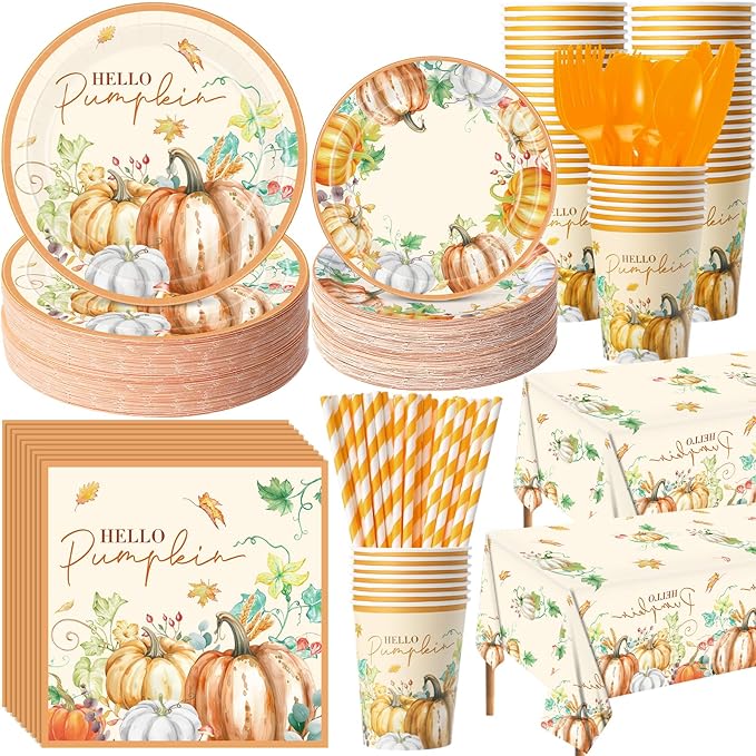 452 Pcs Hello Pumpkin Thanksgiving Fall Party Supplies for 50, Thanksgiving Pumpkins Paper Plates Napkins Cups Tablecloth Cutlery Straws for Autumn Harvest Birthday Baby Shower Decorations