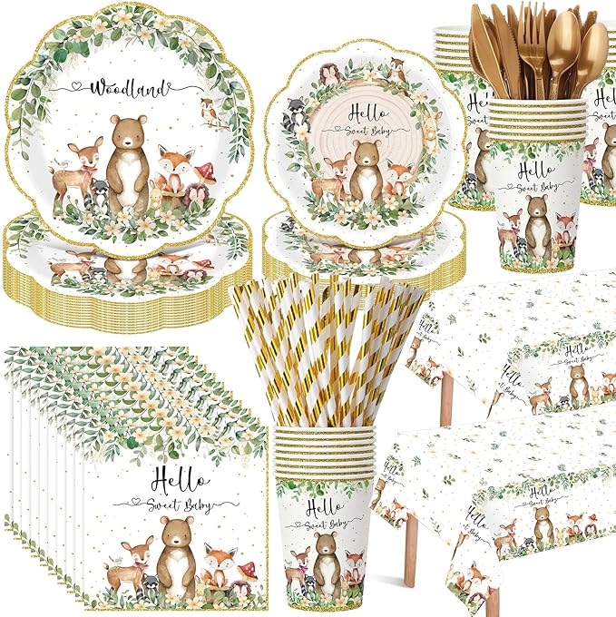 452 Pcs Woodland Baby Shower Decorations for 50 Guests, Forest Animals Woodland Paper Plates Napkins Cups Tablecloth Cutlery Straws for Neutral Forest Animal Baby Shower Party Supplies