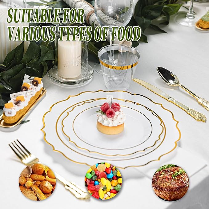 350PCS White Plastic Plates, Gold Plastic Dinnerware Sets for 50 Guests, Include 100 Disposable Plates, 50 Cups and 50 Pre Rolled Napkins with 150 PCS Gold Silverware for Party and Wedding