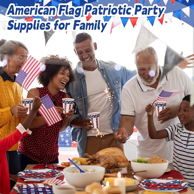 400 Pcs American Flag Patriotic Party Supplies Red White Blue Disposable Paper Plates Napkins and Cups Veterans Election Tableware for Independence 4th of July Labor Memorial Day(Glitter)