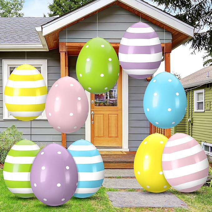 Leyndo 10 Pack 16 inch Inflatable Easter Eggs Decorations Easter Inflatables Outdoor Decor Colorful Eggs Inflatable Easter Eggs Ornaments for Easter Yard Garden Lawn Party Supplies