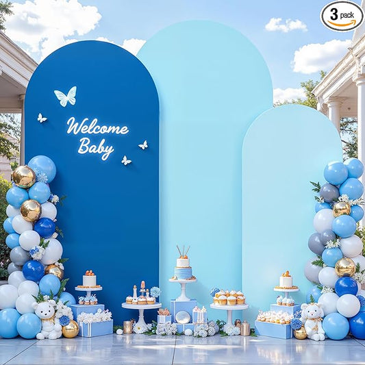 Baby Blue and Royal Blue Arch Cover 3 Set-8FT, 7.2FT, 6.6FT Arch Backdrop Cover Spandex Fitted 2- Color Fabric Stand Covers for Baby Shower Boy Birthday Party Wedding Photo Background Decorations