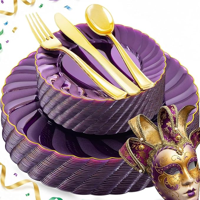 YOUBET 125PCS Purple Plastic Dinnerware Set - Gold and Clear Purple Disposable Plates Include 50 Plastic Plates 75 Silverwares for Wedding Birthday Parties & Mardi Gras Party