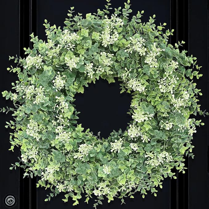 26IN Large Boxwood Wreath for Front Door Green Faux Wreaths Spring Summer Artificial Boxwoods Leaves Door Wreath with White Seeds Greenery Outdoor Indoor Window Porch Wall Home Door Decor All Season