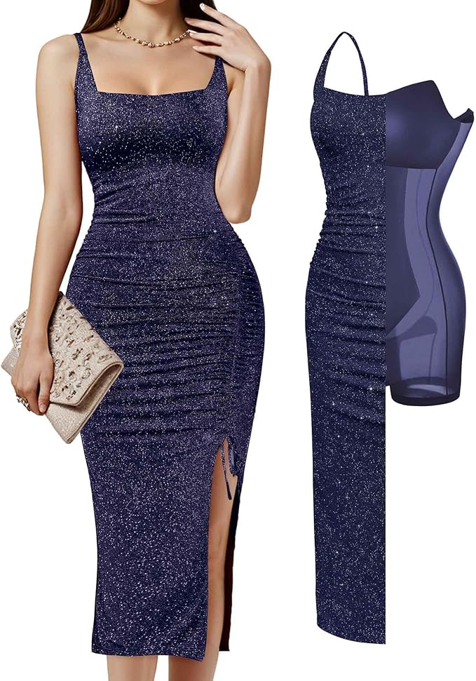 Popilush Shapewear Midi Dress Women's Sparkly Formal Wedding Guest Cocktail Dresses Fall Square Neck Ruched Dress Side Slit