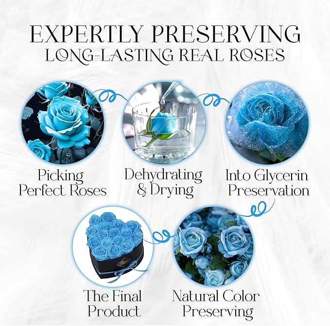 GLAMOUR BOUTIQUE 16 Flower Forever Heart Shape Box, Eternal Preserved Roses Gift for Her, Lasting Flowers, Romantic Floral Keepsake for Birthday, Anniversary or Valentine’s Day, Teal (Color-Treated)