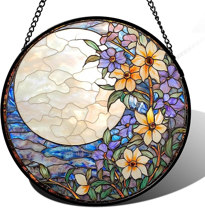 Stained Glass Window Hanging - White Purple Moon Flowers Suncatcher for Door Terrace Garden Home Decor Landscape Sun Catcher Birthday Gifts for Lovers Women Men Dad Mom Nana 15 in