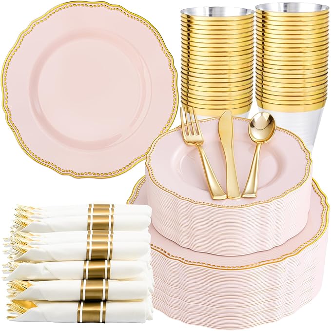 Hioasis 350pcs Pink and gold Plastic Plates - Pink Plastic Dinnerware Set Includes 50 Dinner Plates, 50 Dessert Dinnerware, 50 Cups, 50 Rolled Napkin Cutlery Perfect for Wedding & Party