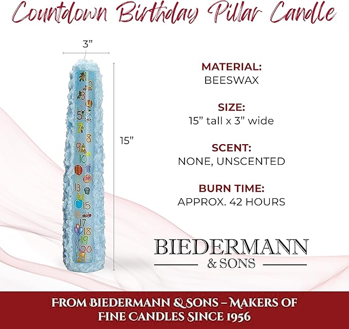 Biedermann & Sons Baby Shower Countdown Candle for Boys, Light Blue 15 Inch Unscented Pillar, 42 Hour Burn Time, 21-Year Keepsake Gift or Favor for Guests