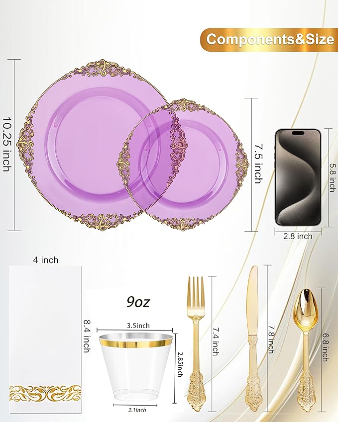 Nervure 350PCS Purple Plastic Plates - Disposable Purple Gold Party Plates & Pre Rolled Napkins with Cutlery for 50 Guests, 100Plates, 150 Silverware, 50 Cups, 50 Napkin for Wedding & Party & Bridal