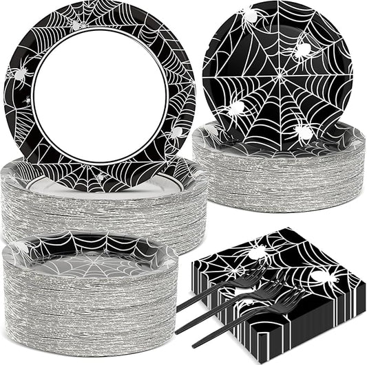 50 Guests Halloween Spider Web Plates and Napkins Party Supplies Spiderweb Party Decorations Disposable Tableware Black and White Halloween Dinnerware Favor for Get Together Celebration, 200PCS