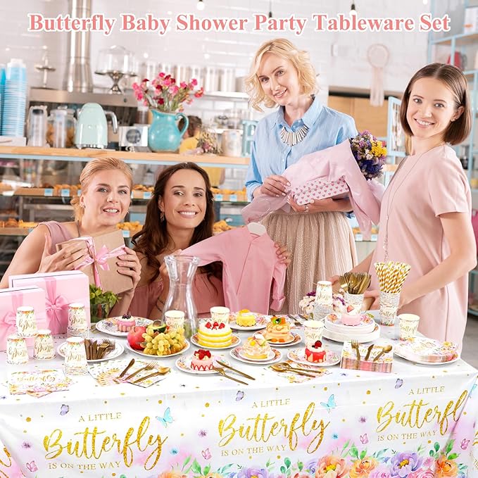 452 Pcs Floral Butterfly Baby Shower Decorations, a Little Butterfly Is on the Way Paper Plates Napkins Cups Tablecloth Cutlery Straws for Summer Floral Baby Shower Party Supplies