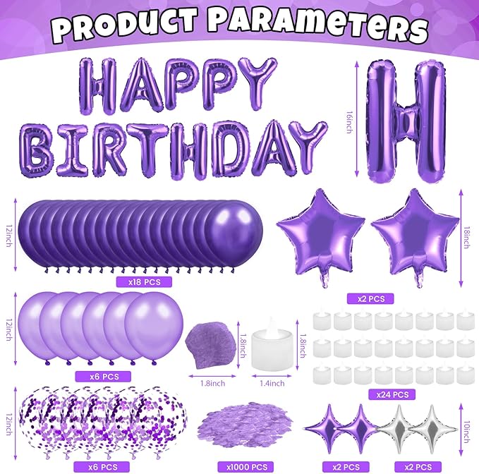 Purple Happy Birthday Balloons Decorations Purple Lavender Birthday Balloon Letters Banner with 6 Pcs Star Balloons Artificial Rose Petals 24 Flameless LED Candles for Room Hotel Party Decorations