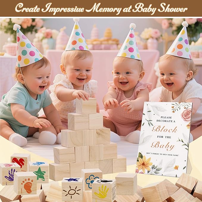 95 PCS Baby Shower Games Sign Kit for Boys Girls, 1 Wooden Game Sign, 52 Blank Wooden Blocks for DIY Drawing, 24 Markers, 18 Stencils, Baby Shower Game for Gender Reveal Activity Decorations