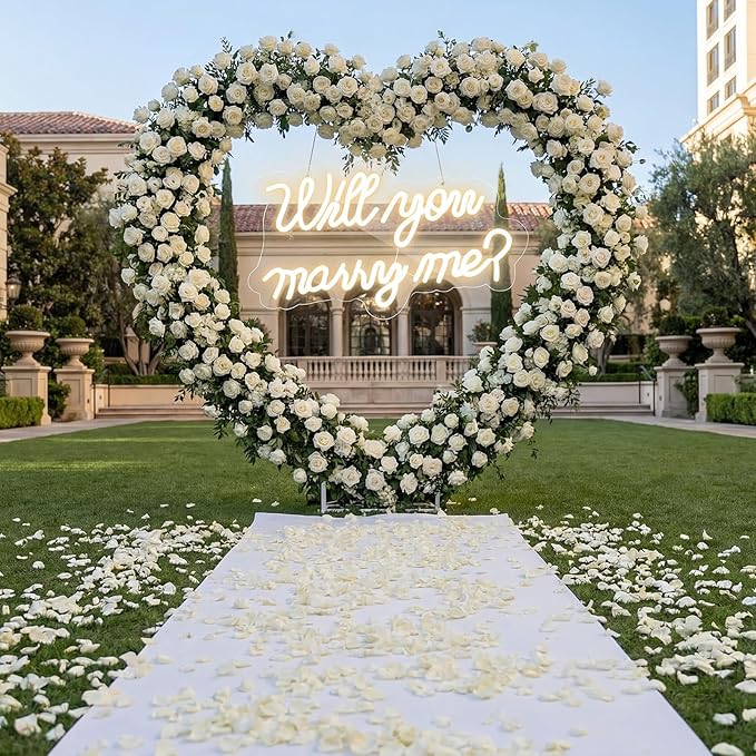 Breling 6.6ft Large Metal Heart Arch Stand and Will You Marry Me LED Neon Light Sign Backdrop for Outdoor Proposal Wedding Engagement Bridal Valentine and Birthday Party Decor(White)