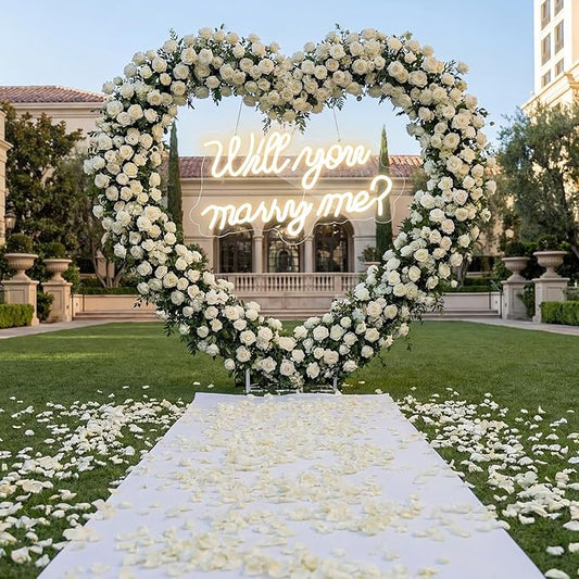 Breling 6.6ft Large Metal Heart Arch Stand and Will You Marry Me LED Neon Light Sign Backdrop for Outdoor Proposal Wedding Engagement Bridal Valentine and Birthday Party Decor(White)