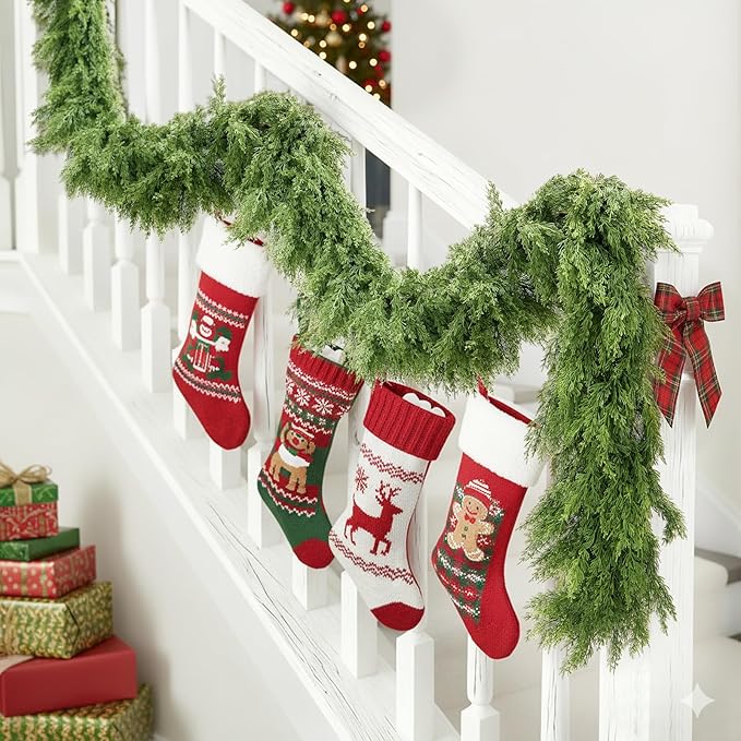 Cedar Christmas Garland for Mantle - 2 Pack Decorations with Lights 9 ft Realistic Lighted Faux Pine Garlands for Xmas Indoor Outdoor Prelit Decoration 9ft Garland for Door Stairs Railing Fireplace