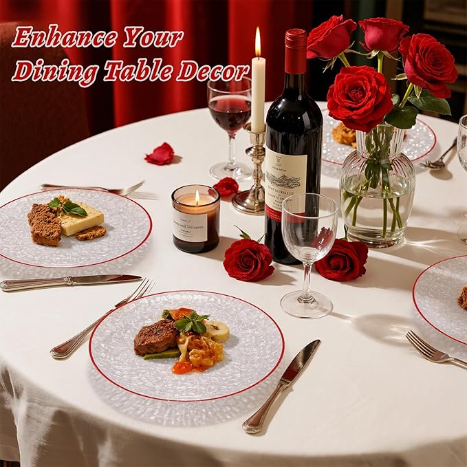Rubtlamp 60Pcs Red Plastic Plates, Clear Plastic Plates With Red Rim, Heavy Duty Disposable Plates for Party, Fancy Hammered Plates Include 30 Red Dinner Plates 30 Clear Cake Plates