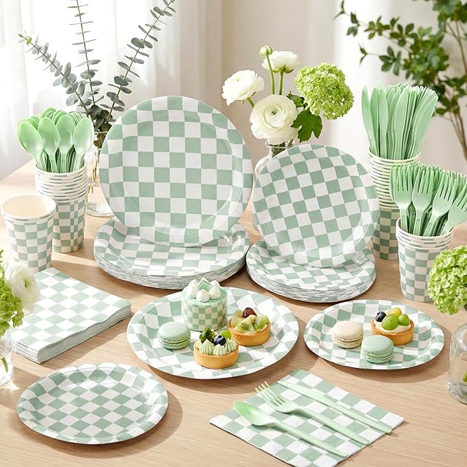 Pickmesh 400 Pcs Sage Green and White Checkered Party Decorations Set Light Green Gingham Disposable Paper Plates Napkins Cups Cutlery Plaid Party Decorations for Baby Shower Wedding Birthday Serve 50