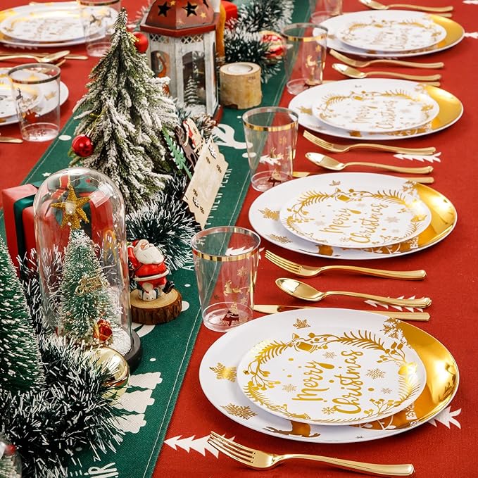 Supernal 150pcs Christmas Plates, Christmas Plastic Dinnerware include Gold Plastic Plates,Gold Disposable Silverware, Disposable Cups, Xmas Party Plate for 25 Guests